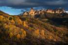 USA-Colorado-Uncompahgre National Forest Sunset on aspens and rock formations Art Print